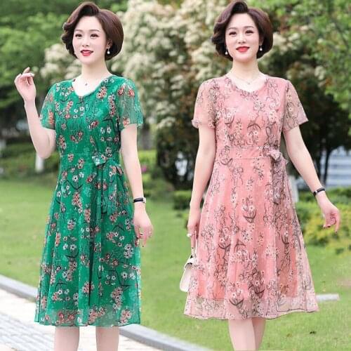Dresses for Women 2021 Summer New Middle Aged Lady Flower Print Chiffon Casual Midi Dress Female Plus Size Party Vestidos Y995