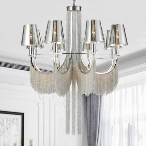 Post Modern Plating Aluminium Tassel E14 Led Chandelier Living Room Lustre PVC Shades Chain Hanging Chandelier Lighting Fixtures