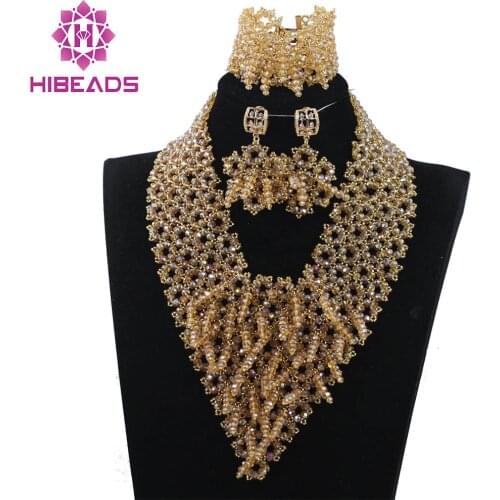 Luxury Champagne Gold African Wedding Beads Jewelry Set Indian Bridal Crystal Chunky Necklace Set New 2021 Free Shipping WD959