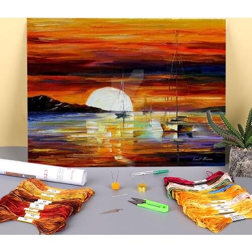 Sunrise In Harbor Printed Fabric 11CT Cross-Stitch Complete Kit DIY Embroidery DMC Threads Painting Sewing Handmade Package