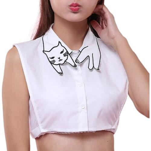 Retro British Style Women Girls Cotton False Fake Collar Cute Cartoon Cat Embroidery Casual Detachable Lapel Half-Shirt Blouse