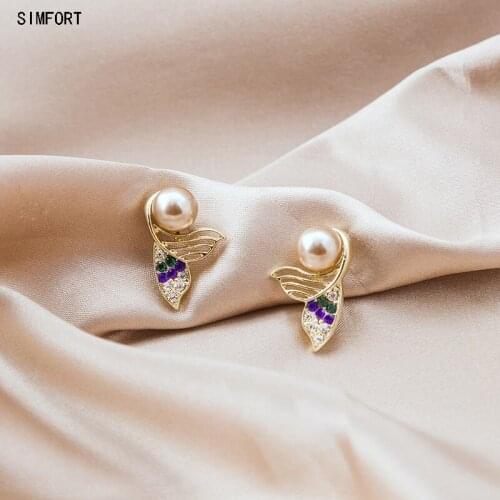 Womens 925 Silver Pin Earring All-match Mermaid Tail Pearl Diamond Elegant Fashion Personality Alloy Decoration Jewelry Gift