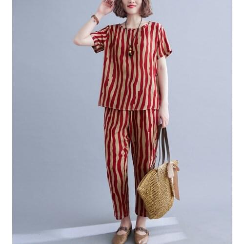 Print striped Vintage Womens Clothes Set 2021 New Thin Soft Cotton Linen Loose Summer Casual Set Tops Harem pants Two Piece Set