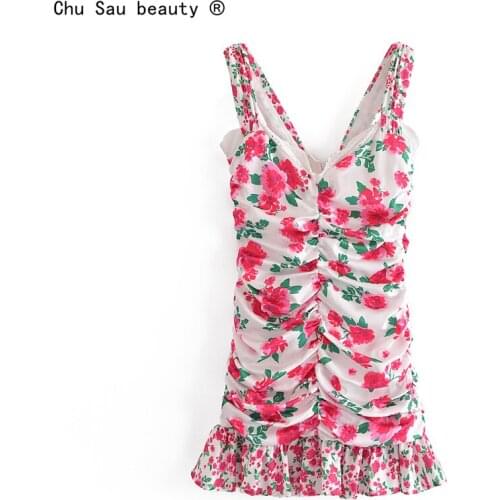 2021 Summer New Folds Sexy Floral Print V-Neck Stitching Lace Edge Slim-Fit Ruffles Suspender Mini Dress Women Vestido