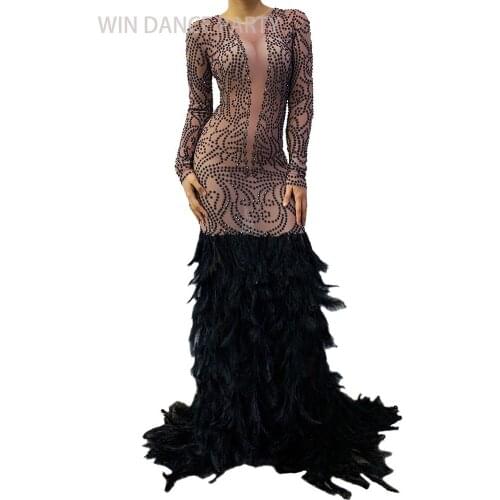 Sexy Black Feather Stretch Long Dress Pole Dancing Dresses Nude Naked Evening Elegant Stage Dresses Women Dancer Bar Show Dress