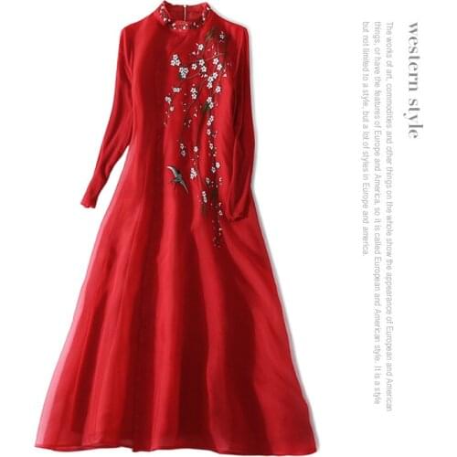 Fall 18 new Chinese style stand collar swallow flower embroidery 9-point sleeve length silk Organza Dress for women