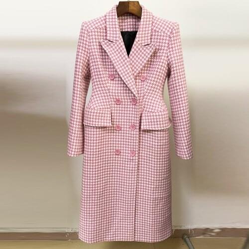 HIGH STREET Newest Winter 2021 Designer Overcoat Womens Double Breasted Pink Houndstooth Tweed Wool Long Coat