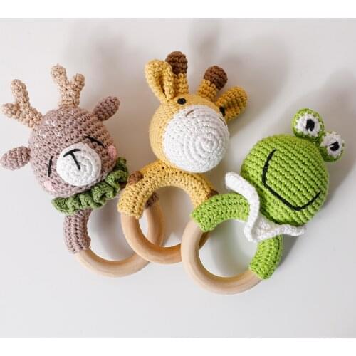 1pc Baby Wooden Rattle Toy Crochet Animal Giraffe Baby Teether Gym Music Rattle Ring Toys Newborn Pram Stroller Toy Baby Product