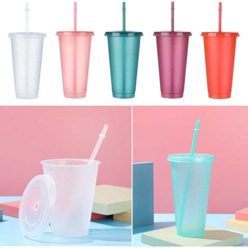 1 pc Personalized Flash Powder Shiny Water Bottle Cold Cup With Straws Lid And Reusable Plastic Outdoor Portable Drinking Cup