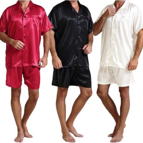 2 Pcs Men Pajamas Sets Satin Silk Short Sleeve Button Closure Tops+Elastic Waist Shorts Men Solid Short Pajamas M-3XL