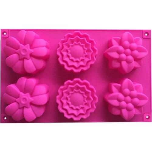 6 Cavity 3 Different Flower Pattern Cake Molds Flexible Silicone Mold for Handmade Soap Rose Mooncake Jelly (Random Color)