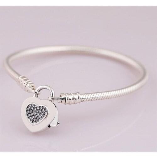 Authentic 925 Sterling Silver Pan Bracelet Lock Kings Heart-shaped Clasp Snake Bone Base Chain Fit Charm Women Jewelry