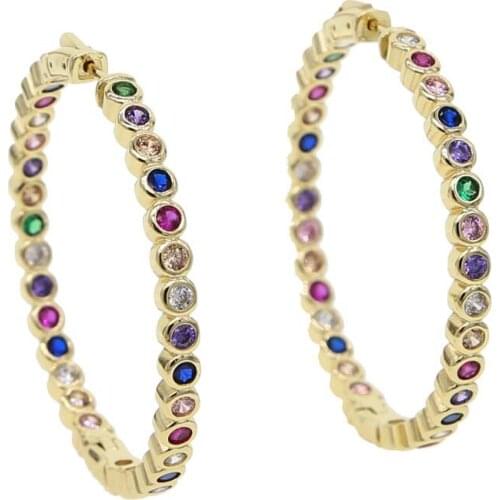 Multi-Colored Cubic Zirconia Round Gold-Color Big Hoop Earrings for Women 50mm