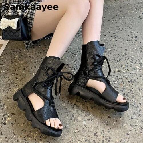 Size 35-40 Women Boots Summer Female Martin Botas Mujer Sandals Thick Bottom Peep Toe Shoes Lace-Up Breathable Ankle Booties y46