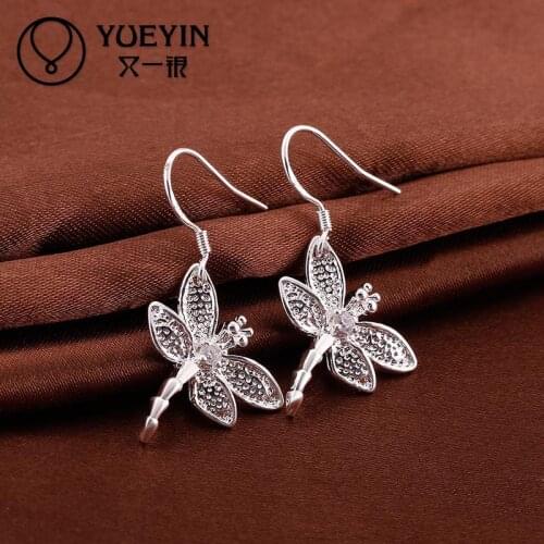 E009 silver plated dangle earrings inlaid stone Dragonfly shape drop Earrings for gift cute animal Jewelry