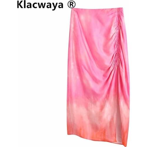 Klacwaya Women 2021 Vintage Tie Dyed Printing Pleated Design Sarong Skirt Faldas Mujer Female Side Split Chic Slim Midi Vestidos