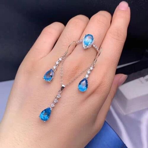 High Quality Drop Blue Topaz S925 Ring Earring Pendant Necklace Set Fine Fashion Boutique Jewelry For Women Free Shipping