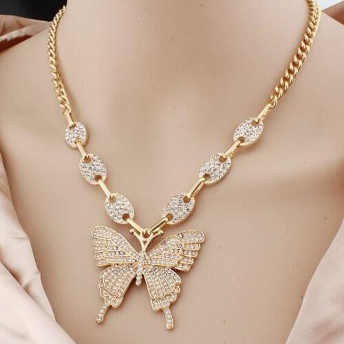 Exaggerated Butterfly Necklace Punk Micro-inlaid Rhinestone Geometric Clavicle Chain Cuban Hip Hop Womens Sweater Chain