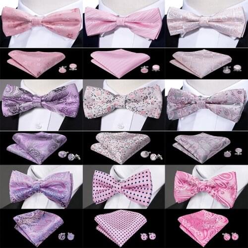 Barry.Wang Floral Mens Bowtie Cravat Handkerchief Cufflinks Set Pre-Bow Ties For Men Silk Butterfly Party Wedding Pink Ties