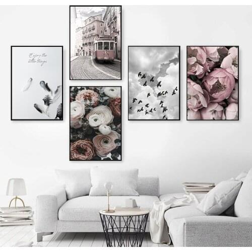 Pink Car Flower Rose Feather Bird Wall Art Canvas Painting Nordic Style Posters And Prints Wall Pictures For Living Room Decor