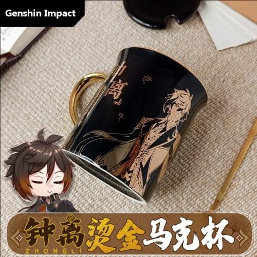 New Anime Genshin Impact Zhongli Ceramic Mug Coffee Water Gold Stamping Men Women Spoon+ Cup Fashion Xmas Gift
