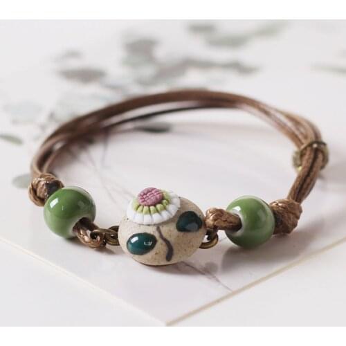 Wholesale Bohemian Jewelry New Ladies Ceramic Green Beads Rope Bracelet For Women Ethnic Style Girls Gift Boho Woven Bracelets