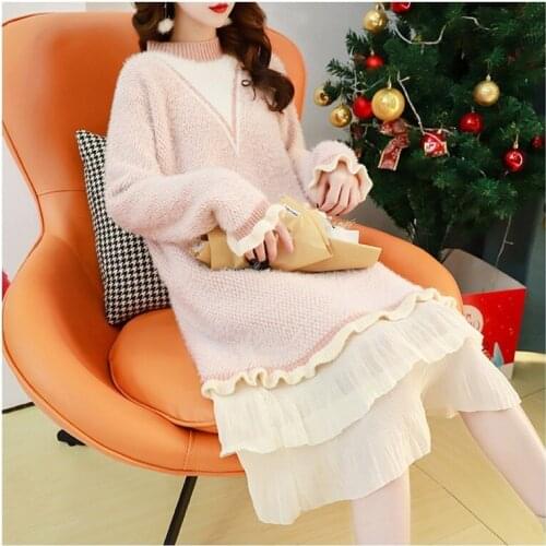 2020 Autumn Winter Knitted Dress Women Sweet Turtleneck Long Sweater Chiffon Patchwork Dress Korean Style Warm Bottoming Dress