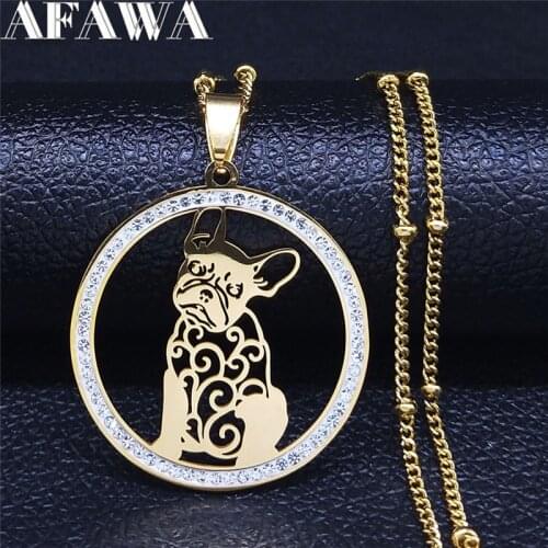 French Bulldog Crystal Stainless Steel Charm Necklaces Women Gold Color Animal Necklace Jewelry cadenas de acero inoxidab NXS03