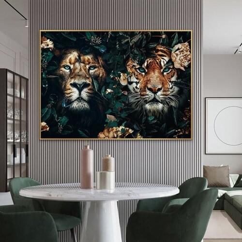 Jungle Lion and Tiger Poster Abstract Animal Painting On Canvas Prints Modern Wall Art Picture for Living Room Decoration