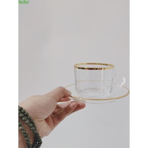 Transparent Nordic Glass Coffee Cup and Saucer Set Small Cute Beautiful Cups and Saucer Set Gold Rim Porcelana Mug BD50CS