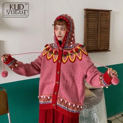 Christmas Hoodie Strawberry Fruit Embroidery Kawaii Sweet Pull Korea Japan Lolita Student Girl Sweater Knitwear Cardigans Hooded
