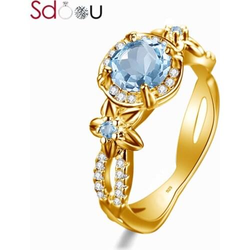 SDOOU Silver Rings For Women 925 Silver Rings Sky Blue Aquamarine Flower Gemstone Birthstone Romantic Gift Luxury Brand Jewelry