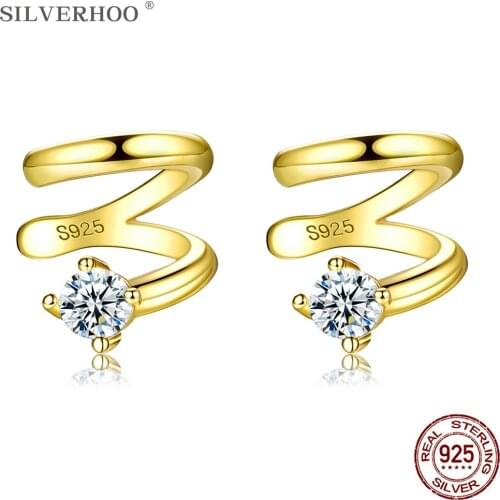 SILVERHOO S925 Sterling Silver Clip Earrings Gold Color Wave Design Fine Jewelry Zircon Earring For Women Pretty Birthday Gift