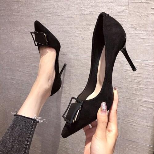 Metal Square Buckle Single Shoes Pointed Toe High Heels Stiletto Shoes Women New Suede Womens Shoes Black Work Shoes