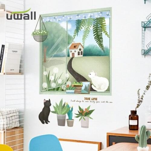 Creative 3D Window Cat Plant Wall Stickers Living Room Decor Background Self-Adhesive Stickers Home Decoration Kids Room Decor
