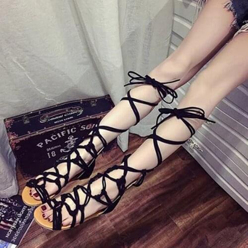 Fashion Knee Length Sexy Cross-Tie Sandal Women Gladiator Sandals Women Cross Strap Tall Sandals Women Boot Sandals Shoes