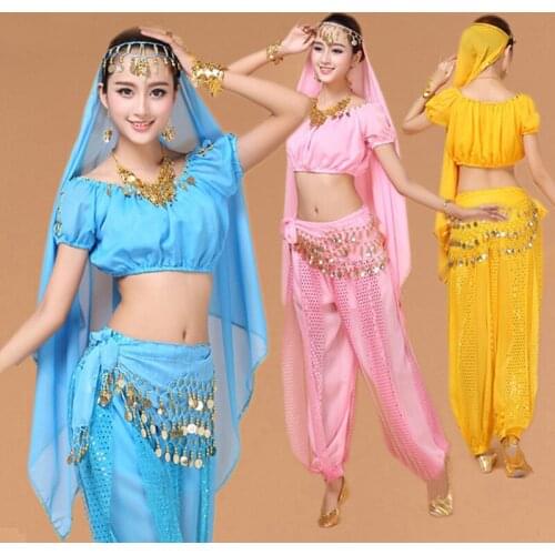 4pcs/Set Women Belly Dancing Coin Tribe Oriental Belly Dance Suit for Women Dance Set Short Sleeve Bellydance Costumes for Adult