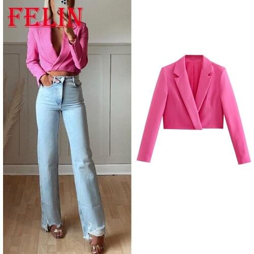 Za 2021 Women Chic Pink Streetwear Short Blazer Long Sleeve V Neck Casual Jackets Women Elegant Stylish Mujer Cropped Outwears