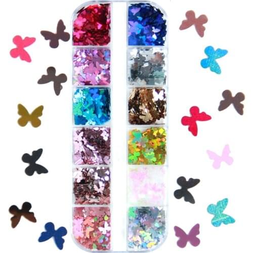 12 Colors Holographic Metallic Nail Glitter Butterfly Shape Flakes Colorful Laser Sequins Nail Art Design Decoration Accessories