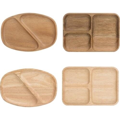 2/4 Grids Wooden Snack Plate Breakfast Bread Tray Fruit Dessert Dish Organizer