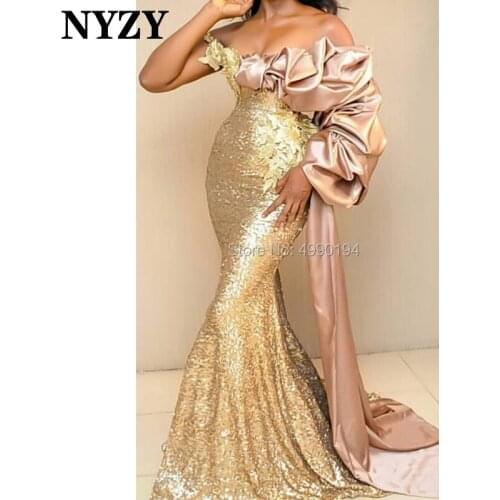 Africa Mermaid Dress Evening 2019 NYZY E177 One Long Sleeve Gold Sequin Evening Gown robe soiree Dubai vestido longo festa