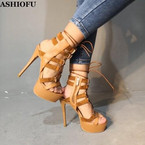 ASHIOFU Handmade Women Super-heel Sandals Real Pictures Sexy Club Party Platform Shoes Shoelace Strap Evening Fashion Sandals