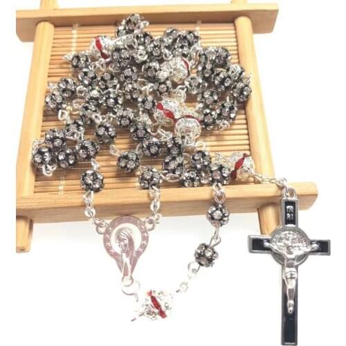 Free ship black catholic rosary/ rhinestone rosary necklace / religious rosary necklace special offer