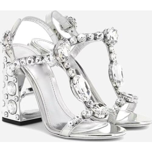 Wedding Glitter Heels Sandals Summer Block High Heeled Chunky Heels T Strap Sandals Sexy Lady Party Dress 10cm Sandals