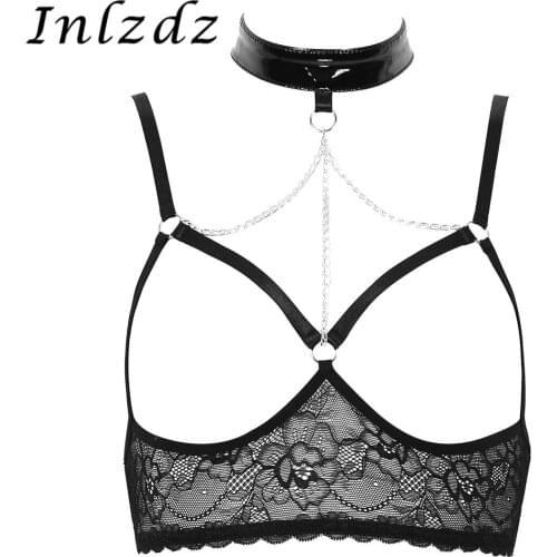 Womens Erotic Lingerie Bra See Through Sheer Lace Halter Neck Adjustable Spaghetti Shoulder Straps Open Cups Wire-free Bra Top