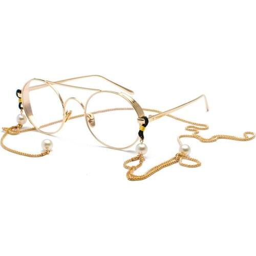 Retro Round Metal Glasses Frame Flat Mirror With Chain Pearl Chain Holder Cord Lanyard Necklace Glasses Chain Halter Glasses