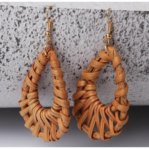 Wood Straw Weave Rattan Dangle Earrings For Woemn Girl Big Hollow Circle Drop Earrings For Women Earrings Handmade Bamboo Gift