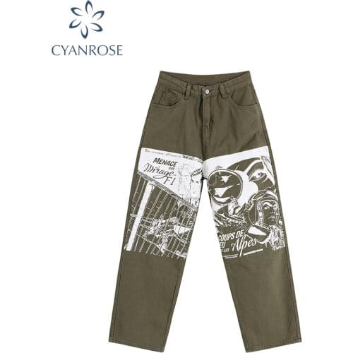 Character Print Denim Wide Leg Pants Women 2021 Fashion High Waist Jeans Retro Streetwear Loose Straight Pants Casual BF Clothes