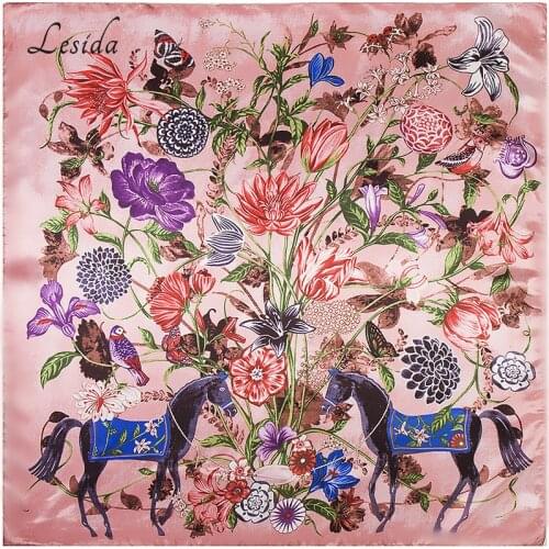 Joker Horse Floral Animal Print Silk Scarf Women Fashion New Poncho Foulard Red Bandana Big Size Square Neck Scarf 90*90CM 9210M