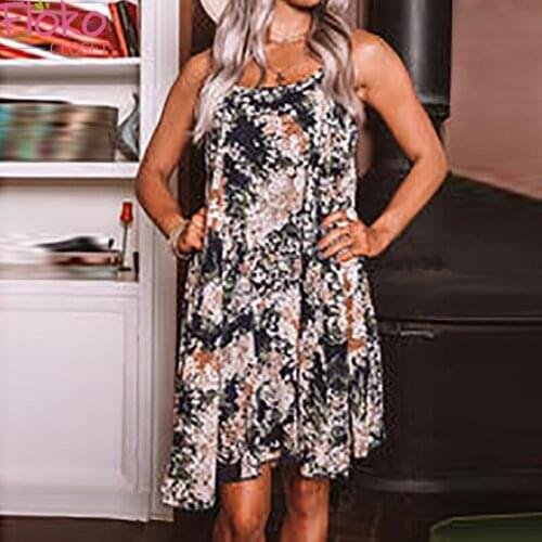 Flokocloset Sexy Spaghetti Strap Print Loose Midi Dress Summer O-Neck Backless A-LINE Party Dresses
